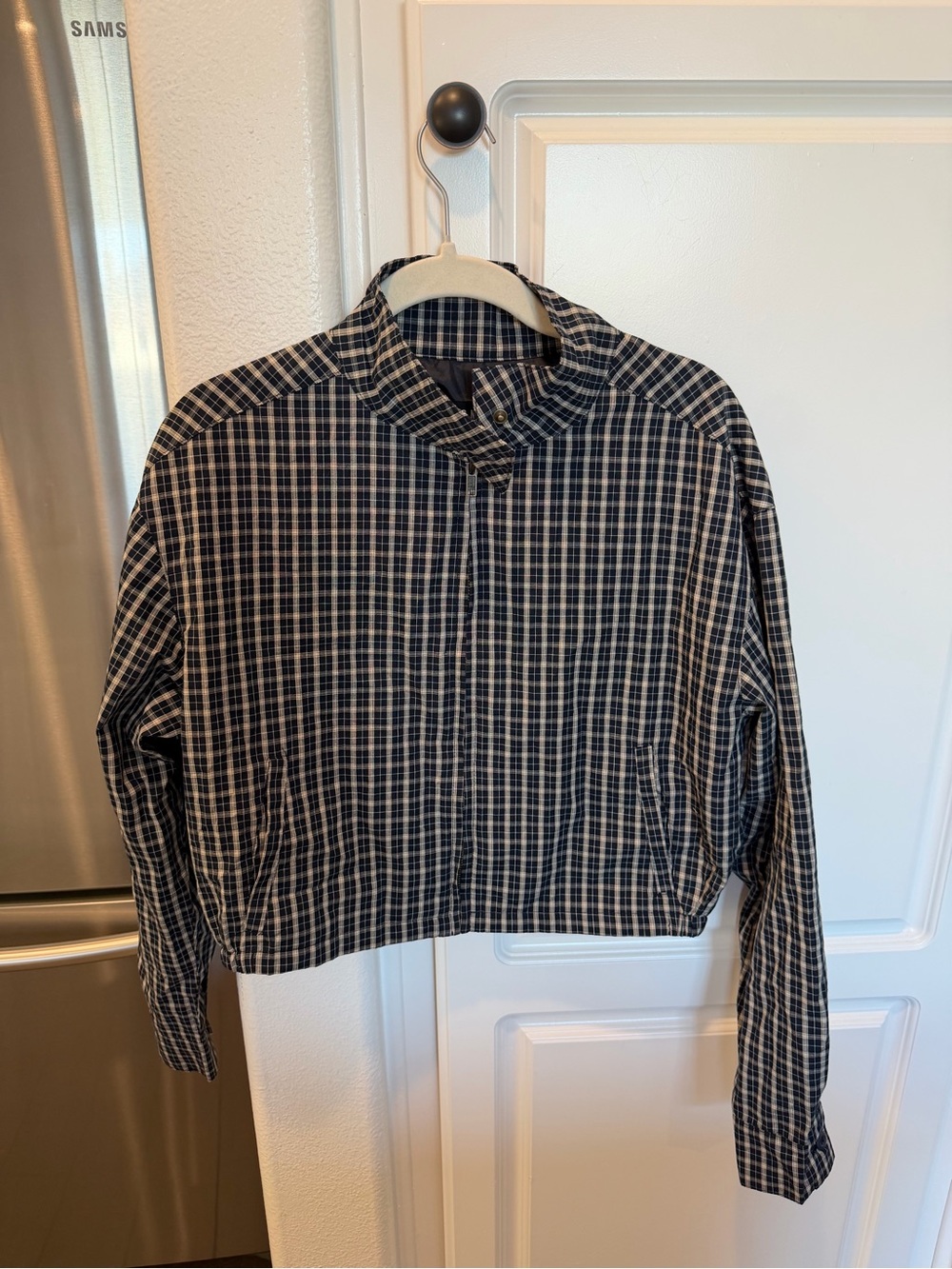 Lioness Navy & Cream Plaid Cropped Jacket